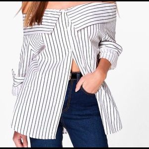 BOOHOO Pinstripe off the shoulder button down NWOT
